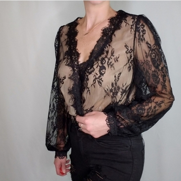 Black Lace Plunging V-Neck Cropped Top - Picture 6 of 8